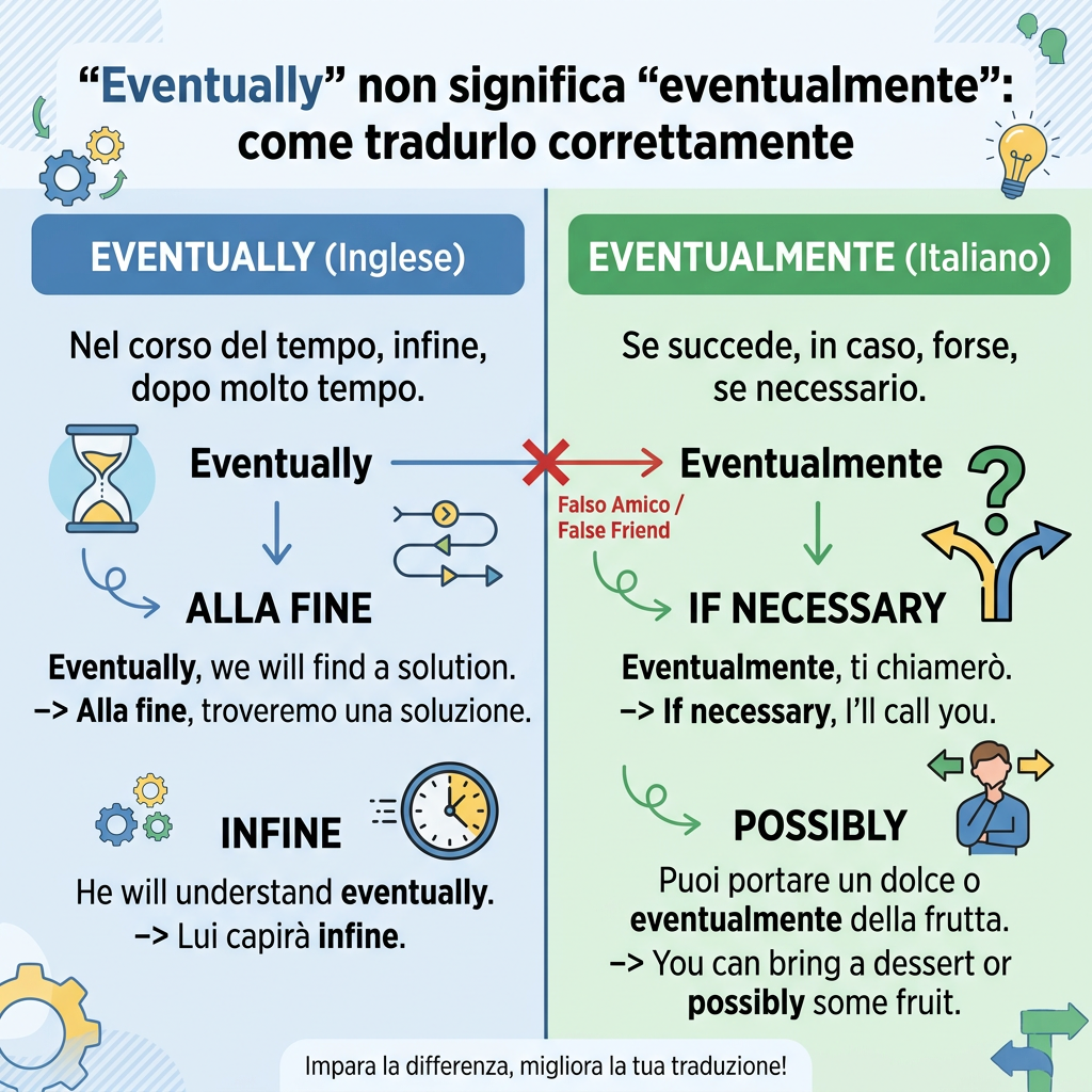 Infographic comparing English “eventually” with Italian “eventualmente” as a false friend