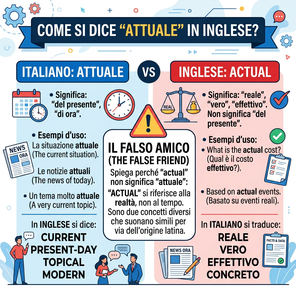 Infographic: “Come si dice ‘attuale’ in inglese?” Italiano: attuale means “del presente” or “di ora”; examples include “la situazione attuale,” “le notizie attuali,” and “un tema molto attuale.” English: actual means “reale,” “vero,” or “effettivo,” not “del presente”; examples include “What is the actual cost?” and “Based on actual events.” False friend: actual refers to reality, not time. English translations: current, present-day, topical, modern. Italian translations: reale, vero, effettivo, concreto.