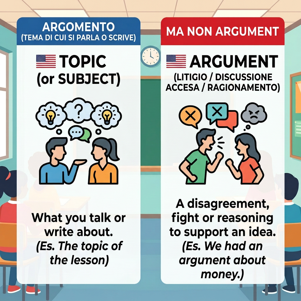Infographic comparing Italian argomento meaning topic with English argument meaning disagreement or reasoning