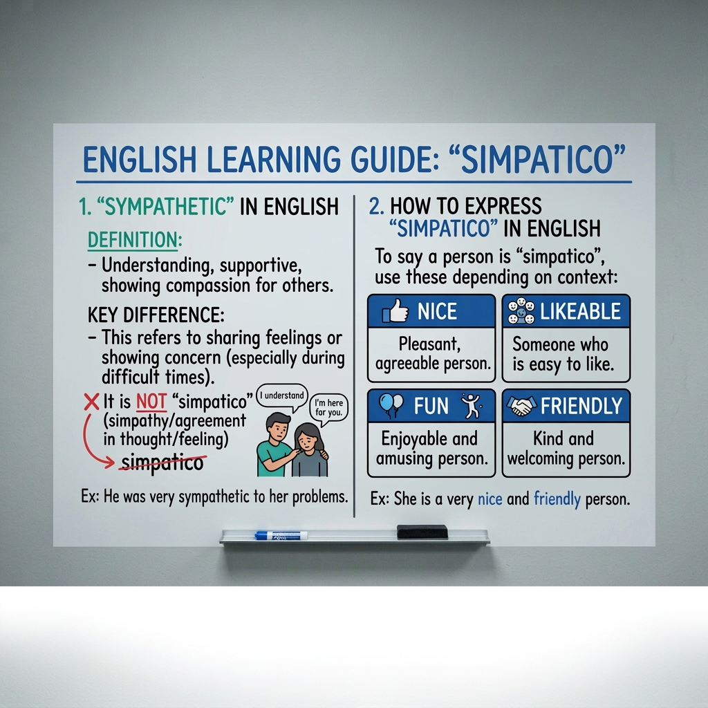 Whiteboard text: In English, “sympathetic” means “understanding,” “supportive,” showing compassion for others,” and not “simpatico.” To say a person is “simpatico,” instead use “nice,” “likeable,” “fun,” or “friendly,” depending on the context. Ex: He was very sympathetic to her problems. Ex: She is a very nice and friendly person.