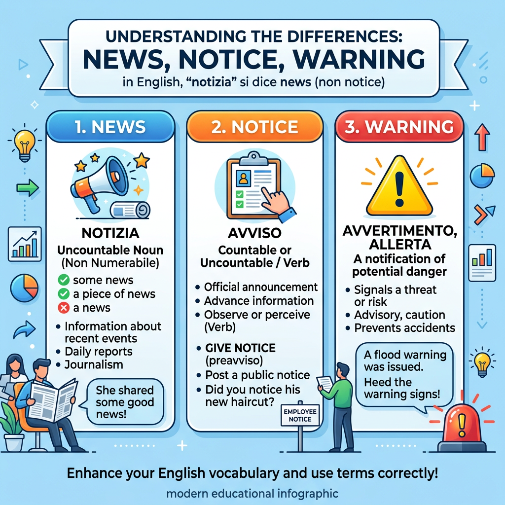 Infographic comparing English terms news, notice, and warning