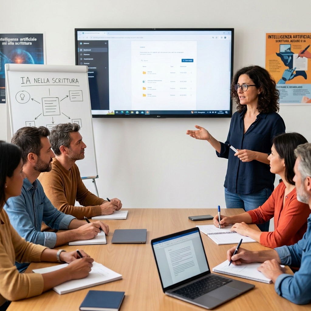 Workshop with presenter and participants studying infographic titled “Intelligenza artificiale: scrittura, accuse e autenticità inglese,” covering AI-generated content, creative process, plagiarism, AI detectors, and vocabulary.