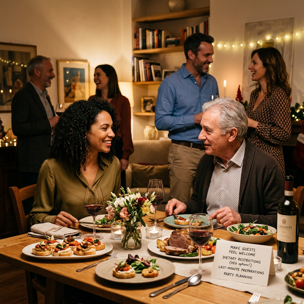 Friends dining at a decorated table; card reads “MAKE GUESTS FEEL WELCOME, DIETARY RESTRICTIONS (VEG OPTIONS!), LAST-MINUTE PREPARATIONS, PARTY PLANNING.”