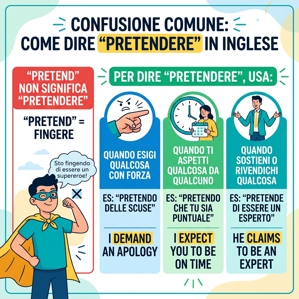 Infographic: “CONFUSIONE COMUNE: COME DIRE ‘PRETENDERE’ IN INGLESE.” “PRETEND” NON SIGNIFICA “PRETENDERE”; “PRETEND” = FINGERE; “Sto fingendo di essere un supereroe!” “PER DIRE ‘PRETENDERE’, USA:” “QUANDO ESIGI QUALCOSA CON FORZA” ES.: “PRETENDO DELLE SCUSE” I DEMAND AN APOLOGY; “QUANDO TI ASPETTI QUALCOSA DA QUALCUNO” ES.: “PRETENDO CHE TU SIA PUNTUALE” I EXPECT YOU TO BE ON TIME; “QUANDO SOSTIENI O RIVENDICHI QUALCOSA” ES.: “PRETENDE DI ESSERE UN ESPERTO” HE CLAIMS TO BE AN EXPERT.