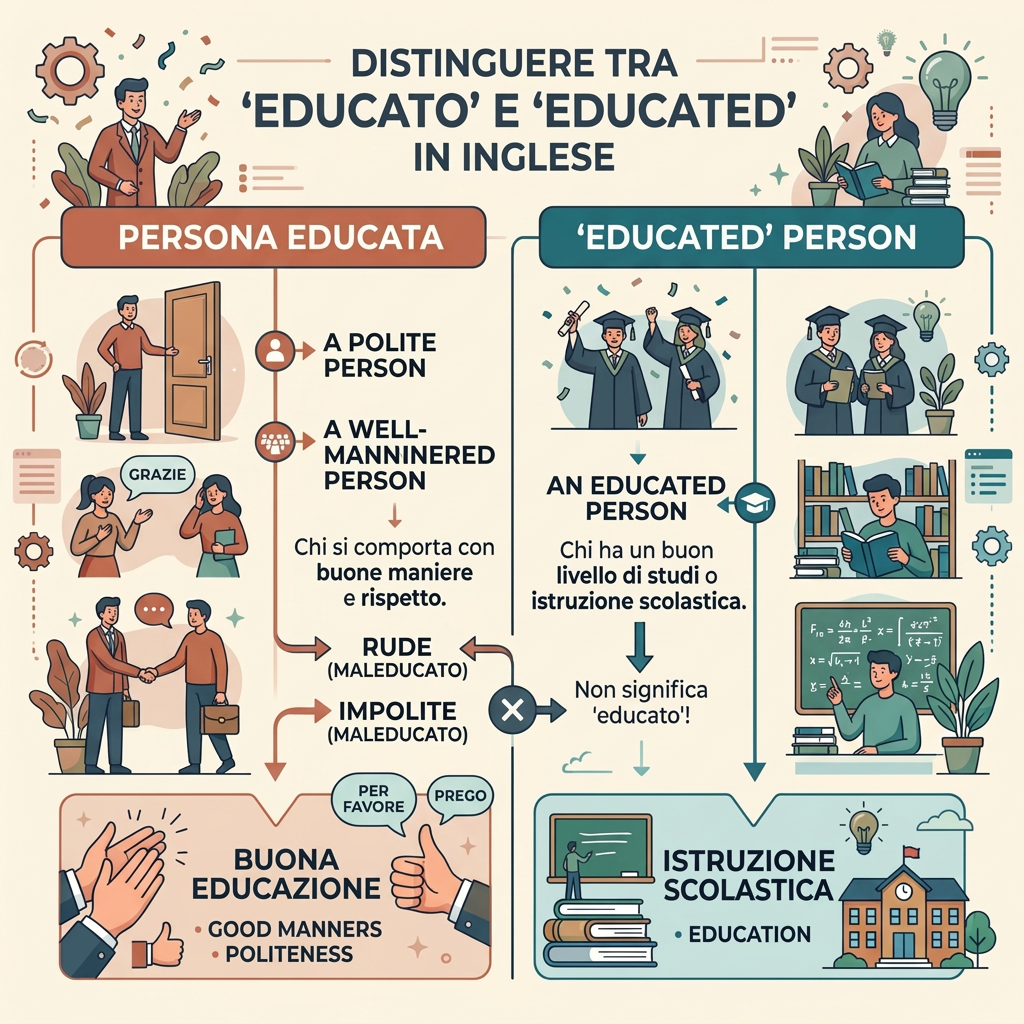 Infographic titled DISTINGUERE TRA ‘EDUCATO’ E ‘EDUCATED’ IN INGLESE, comparing PERSONA EDUCATA with ‘EDUCATED’ PERSON; left side lists A POLITE PERSON, A WELL-MANNERED PERSON, RUDE (MALEDUCATO), IMPOLITE (MALEDUCATO), Chi si comporta con buone maniere e rispetto., BUONA EDUCAZIONE, GOOD MANNERS, POLITENESS, GRAZIE, PER FAVORE, and PREGO; right side lists AN EDUCATED PERSON, Chi ha un buon livello di studi o istruzione scolastica., Non significa ‘educato’!, ISTRUZIONE SCOLASTICA, EDUCATION.